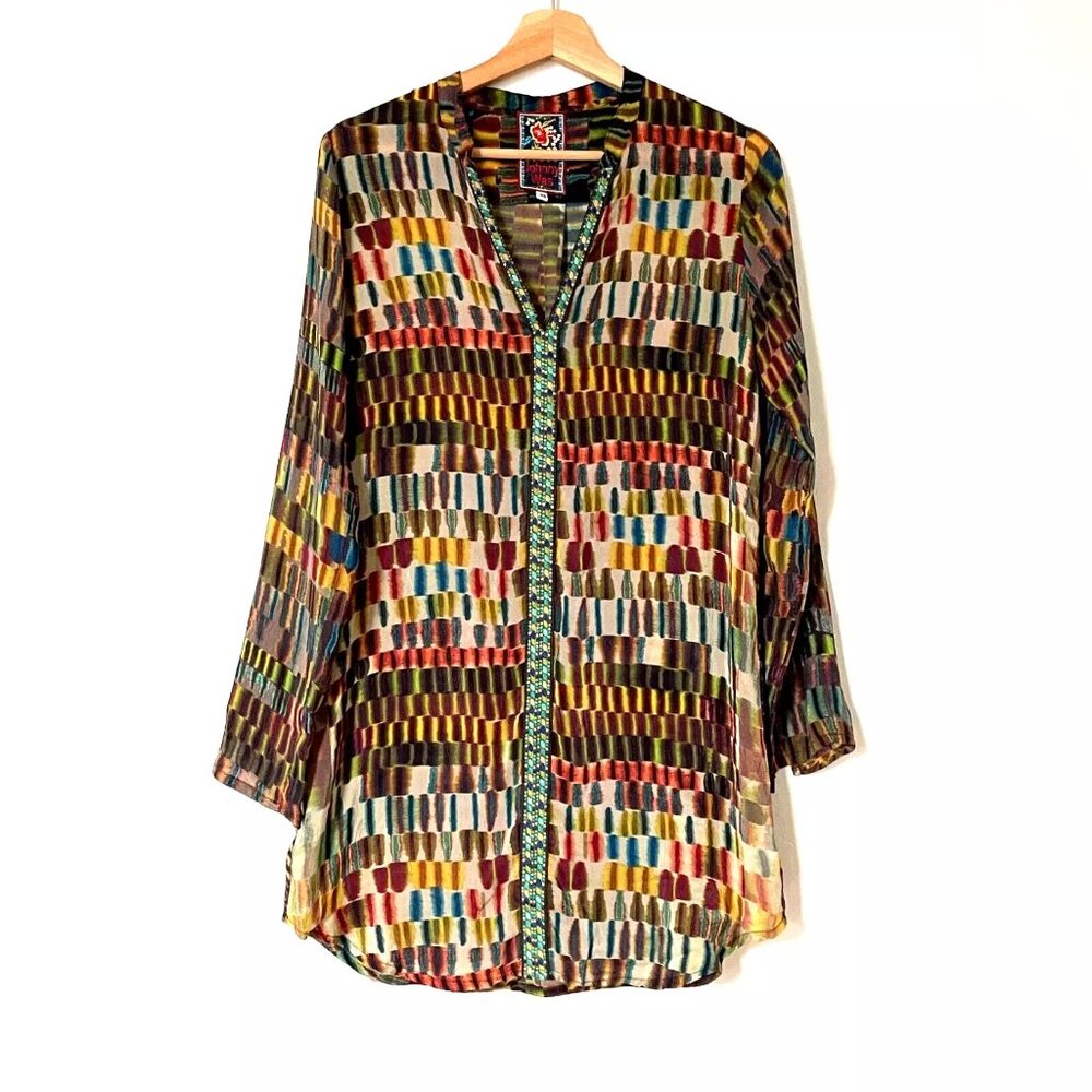 Johnny Was Cupra Rayon Embroidered Trim 3/4 Sleeve Top Blouse Size XS‎
